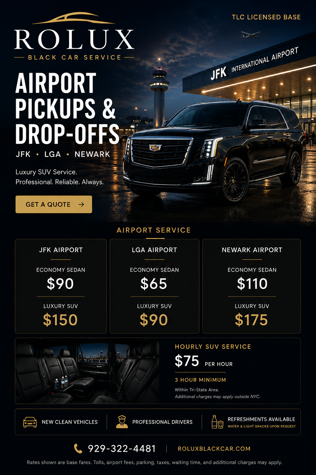 Rolux Black Car Service airport pickups and drop-offs pricing